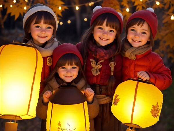 Bild vergr&ouml;&szlig;ern: Kinder mit Laternen, KI-generiert