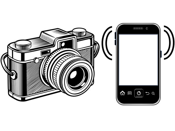 S/W-Grafik mit Fotoapparat und Handy
