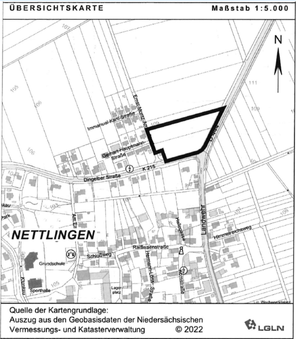 Karte zum Bebauungsplan Nr. 9 Feuerwehr - Gewerbe Nettlingen (Ortschaft Nettlingen) - Satzungsbeschluss und Inkrafttreten